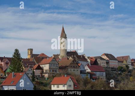 Historischer Turm in der Altstadt, Fachwerkhaus, Kirchberg an der Jagst, Kirchberg, Jagsttal, Jagst, Hohenlohe-Franken, Schwaebisch Hall Stockfoto