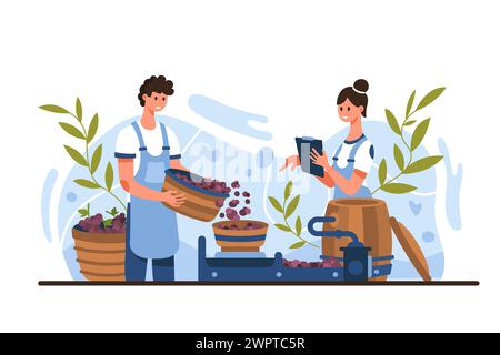 Weinerzeugung, Phase der Traubenernte im Weinbereitungsprozess. Winzige Winzer, die rote organische natürliche Traubenfrüchte in Presse Maschine von hölzernem Korb Cartoon Vektor Illustration gießen Stock Vektor