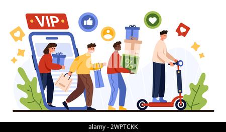 Treueprogramm, Prämien und Preise für VIP-Kunden. Winzige Leute sammeln Rabatte und Coupons, Boni und Geschenke, Kunden gehen von Handy Bildschirm Cartoon Vektor Illustration Stock Vektor