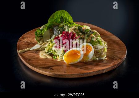 Salat auf Holzteller mit weich gekochtem Ei Stockfoto