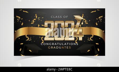 Klasse von 2024 herzlichen Glückwunsch Absolventen. Akademische Abschlussfeier. Vektorvorlage für Banner für das Jahr 2024 der Senior Class of University Stock Vektor