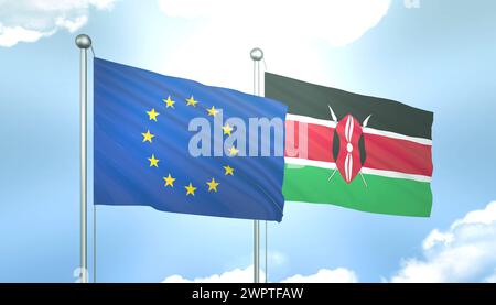 3D-Flagge der Europäischen Union und Kenias am blauen Himmel mit Sonnenschein Stockfoto