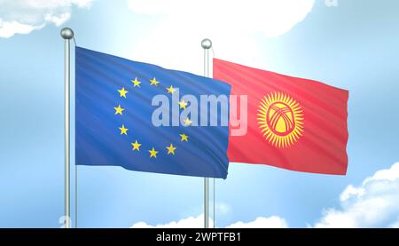 3D-Flagge der Europäischen Union und Kirgisistans auf blauem Himmel mit Sonnenschein Stockfoto