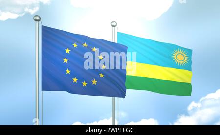 3D-Flagge der Europäischen Union und Ruandas auf blauem Himmel mit Sonnenschein Stockfoto