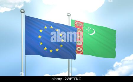 3D-Flagge der Europäischen Union und Turkmenistans am blauen Himmel mit Sonnenschein Stockfoto