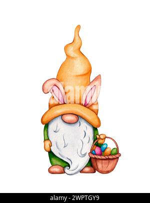 Kleiner süßer Osterzwerg mit buntem Eierkorb. Aquarellillustration für glückliche Osterferien. Stockfoto