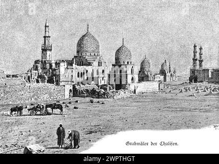 Gräber der Kalifen, Kairo, Ägypten, Moschee, Kuppel, Minarett, Kutsche, Pferde, Afrika, historische Illustration 1890 Stockfoto