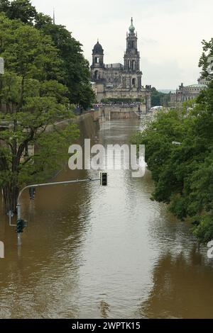 Hochwasser in Dresden 2013 Embankung der Elbe in Dresden Stockfoto