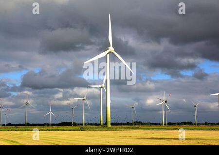 Windräder vor Sturmwolken, Ostfriesland, Niedersachsen, Ostfriesland, Niedersachsen, Bundesrepublik Deutschland Stockfoto