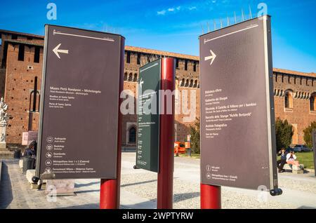 Informationen und Wegweiser im Inneren des Castello Sforzesco oder der Mailänder Burg im Herzen von Mailand, Italien. Stockfoto