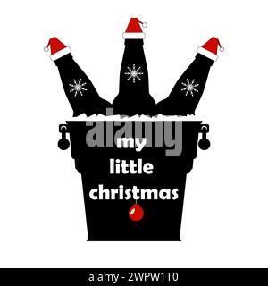 Weihnachtsbierflaschen in weihnachtsmannmützen in einem Eimer mit Eiswürfeln und Schneeflocken. Isolierter Vektor. Stock Vektor