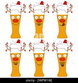 Weihnachtsbiergläser in weihnachtsmannhüten mit Stiergesichtern und Hörnern. Die lustigen Charaktere lachen und lächeln. Isolierte Vektor-Neujahrsillustrationen. Stock Vektor