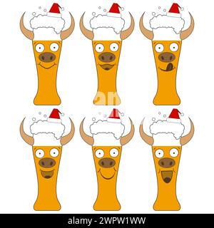 Weihnachtsbiergläser in weihnachtsmannhüten mit Stiergesichtern und Hörnern. Die lustigen Charaktere lachen und lächeln. Isolierte Vektor-Neujahrsillustrationen. Stock Vektor