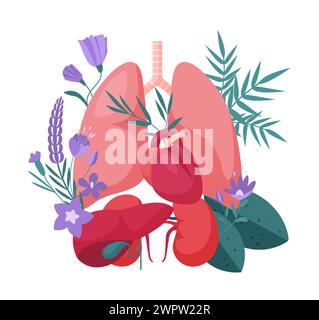 Unterstützung und Pflege der inneren Organe. Gesunde menschliche Lunge und Herz, Nieren und Leber mit Gallenblase auf medizinischem Anatomiediagramm mit Blumen und Pflanzen Karikaturvektor Illustration Stock Vektor