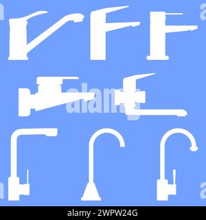 Wasserhähne für Küche und Bad. Weiße Silhouetten. Isolierte Vektorsymbole. Stock Vektor