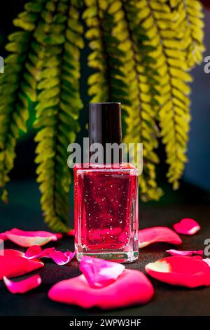 Die Ansicht des nagellacks Pink Color auf rosafarbenen Rosenblättern mit Wassertropfen Stockfoto