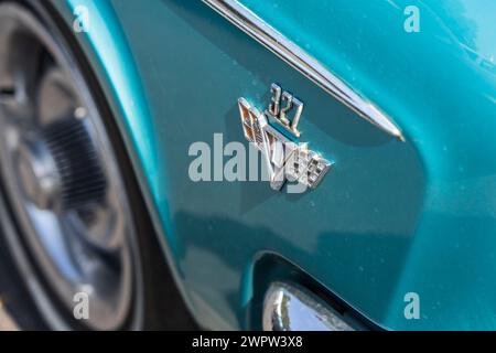 LINTHE, DEUTSCHLAND - 27. MAI 2023: Details des Großwagens Chevrolet Bel Air, Nahaufnahme. Die Oldtimer Show 2023. Stockfoto