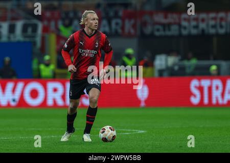 Mailand, Italien. März 2024. Simon Kjaer vom AC Milan im Achtelfinale der UEFA Europa League 2023/24 - 1. Legs-Fußballspiel zwischen AC Mailand und SK Slavia Praha im San Siro Stadium, Mailand, Italien am 07. März 2024 - Foto FCI/Fabrizio Carabelli (Foto: FCI/Fabrizio Carabelli/SIPA USA) Credit: SIPA USA/Alamy Live News Stockfoto