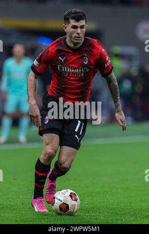 Mailand, Italien. März 2024. Christian Pulisic vom AC Milan im Achtelfinale der UEFA Europa League 2023/24 - 1. Legs-Fußballspiel zwischen AC Mailand und SK Slavia Praha im San Siro Stadium, Mailand, Italien am 07. März 2024 - Foto FCI/Fabrizio Carabelli (Foto: FCI/Fabrizio Carabelli/SIPA USA) Credit: SIPA USA/Alamy Live News Stockfoto