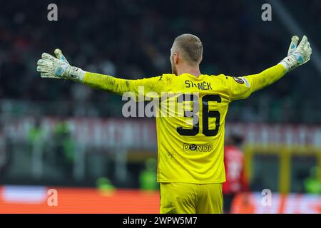 Mailand, Italien. März 2024. Jindrich Stanek von SK Slavia Praha reagiert beim Achtelfinale der UEFA Europa League 2023/24 - 1. Legs-Fußballspiel zwischen AC Mailand und SK Slavia Praha im San Siro Stadium, Mailand, Italien am 07. März 2024 - Foto FCI/Fabrizio Carabelli (Foto FCI/Fabrizio Carabelli/SIPA USA) Credit: SIPA USA/Alamy Live News Stockfoto