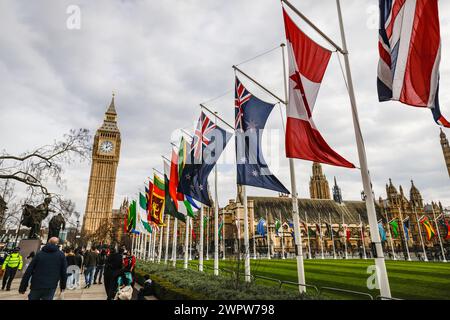 London, Großbritannien. März 2024. Die Fahnen der Commonwealth Nation wurden am Parliament Square in London vor dem jährlichen Commonwealth Day gehisst, der in diesem Jahr am 11. März stattfindet. Quelle: Imageplotter/Alamy Live News Stockfoto