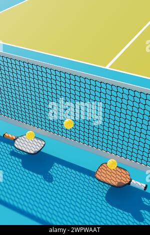 Zwei Pickleball-Schläger schlugen Bälle gegen ein Netz auf dem Platz. 3D-Rendering Stockfoto