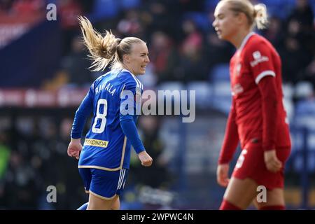 Liverpool, Großbritannien. März 2024. Liverpool FC gegen Leicester FC Barclays Womens Super League PRENTON PARK TRANMERE ENGLAND 9. März 2024 Jutta Rantala aus Leicester City feiert das zweite Tor ihres Teams beim Spiel des FA Cup der Frauen zwischen Liverpool FC und Leicester FC am 9. März 2024 im Prenton Park TRANMERE in Birkenhead, England. (Foto Alan Edwards für F2images) Credit: ALAN EDWARDS/Alamy Live News Stockfoto