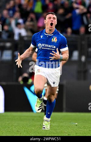 Rom, Italien. März 2024. Paolo Garbisi von Italien feiert während des Six Nations Rugby-Spiels zwischen Italien und Schottland am 9. März 2024 im Stadio Olimpico in Rom. Quelle: Insidefoto di andrea staccioli/Alamy Live News Stockfoto