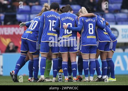 Liverpool, Großbritannien. März 2024. Liverpool FC gegen Leicester FC Barclays Womens Super League PRENTON PARK TRANMERE ENGLAND 9. März 2024 Leicester Huddle während des FA Cup-Spiels der Frauen zwischen Liverpool FC und Leicester FC im Prenton Park Tranmere am 9. März 2024 in Birkenhead, England. (Foto Alan Edwards für F2images) Credit: ALAN EDWARDS/Alamy Live News Stockfoto