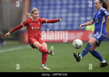 Liverpool, Großbritannien. März 2024. Liverpool FC gegen Leicester FC Barclays Womens Super League PRENTON PARK TRANMERE ENGLAND 9. März 2024 Marie Hobinger aus Liverpool während des Women’s FA Cup Spiels zwischen Liverpool FC und Leicester FC im Prenton Park Tranmere am 9. März 2024 in Birkenhead, England. (Foto Alan Edwards für F2images) Credit: ALAN EDWARDS/Alamy Live News Stockfoto