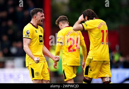 Jack Robinson von Sheffield United feiert das zweite Tor ihrer Mannschaft während des Premier League-Spiels im Vitality Stadium in Bournemouth. Bilddatum: Samstag, 9. März 2024. Stockfoto