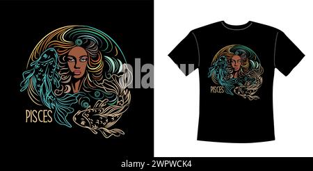 T-Shirt-Design mit Sternzeichen-Vektor von Pisces. Stock Vektor