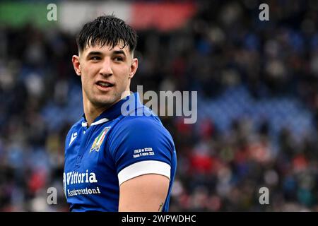 Rom, Italien. März 2024. Tommaso Menoncello von Italien feiert am 9. März 2024 das Six Nations Rugby-Spiel zwischen Italien und Schottland im Stadio Olimpico in Rom. Quelle: Insidefoto di andrea staccioli/Alamy Live News Stockfoto