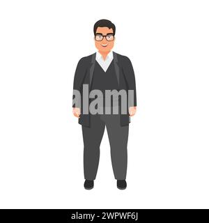 Junger Plus-Größe-Geschäftsmann mit Brille stehend und lächelnd, männlicher Charakter in formeller schwarzer Anzug Vektor-Illustration Stock Vektor
