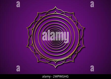 Goldene Spirale auf heiligem Lotusrahmen, luxuriöse Logo-Vorlage. Buddhismus esoterische Motive, spirituelles Yoga. Golden Lucky Mandala, Vektor-Illustration isoliert Stock Vektor