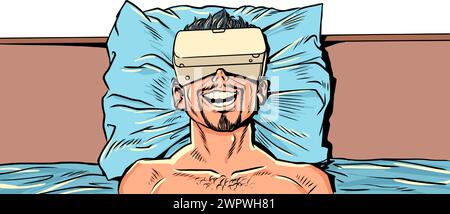 Ein Mann liegt mit einem VR-Gerät im Bett. Mögliche Gesundheitsgefahren durch neue Technologien. Zukünftige Möglichkeiten, Freizeit auf neue Weise zu verbringen. Comic-Comic-Pop A Stock Vektor