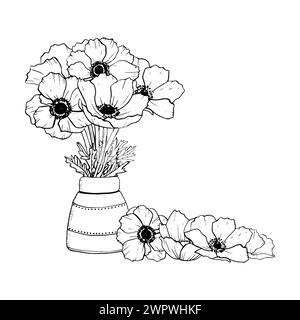 Anemonen Wildblumenstrauß in Vase und Blütenblättern Stock Vektor