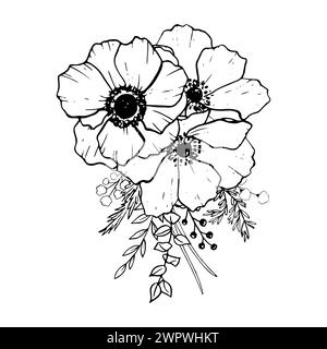 Bouquet aus schwarzer und weißer Anemonenkomposition Stock Vektor
