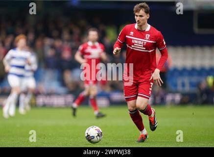 LONDON, ENGLAND - 9. MÄRZ: RAV van den Berg von Middlesbrough während des Sky Bet Championship-Spiels zwischen Queens Park Rangers und Middlesbrough in der Loftus Road am 9. März 2024 in London. (Foto: Dylan Hepworth/MB Media) Stockfoto