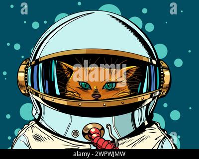 Eine Katze im Astronautenanzug beobachtet. Raumfahrtforschung und Experimente der Zukunft. Galaktische Werbeaktionen im Tierhandelgeschäft. Comic-Comic-Comic-Pop-Art-Retr Stock Vektor