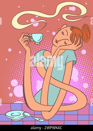 Eine Frau mit langen Armen genießt ein heißes Getränk. Harmonie mit sich selbst. Logo für ein Café oder ein Restaurant. Comic Comic Comic Pop Art Retro Vektor Illustratio Stock Vektor