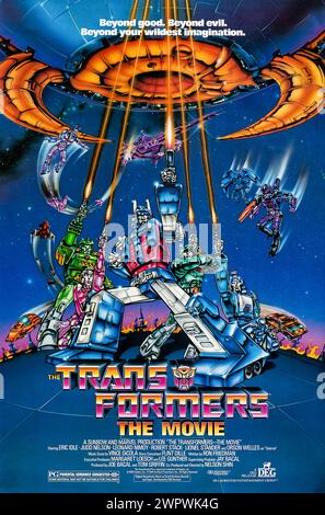 The Transformers: The Movie (1986) von Nelson Shin mit Orson Welles, Robert Stack und Leonard Nimoy. Die Autobots müssen einen kolossalen Planeten aufhalten, der die Autobot Matrix of Leadership verfolgt. Gleichzeitig müssen sie sich gegen einen Angriff der Decepticons verteidigen. Foto eines Original-Posters aus dem Jahr 1986 (US-1-Blatt). ***NUR REDAKTIONELLE VERWENDUNG*** CREDIT: BFA / DEG Stockfoto