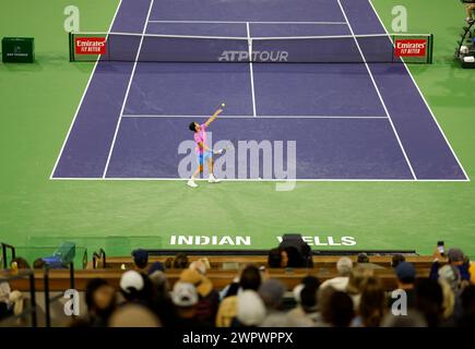 Am 8. März 2024 spielt Carlos Alcaraz aus Spanien gegen Matteo Arnaldi aus Italien während der BNP Paribas Open in Indian Wells, CA. Charles Baus/CSM Stockfoto