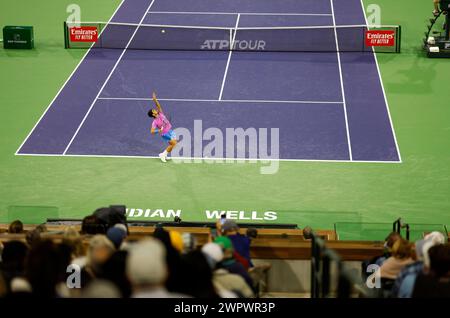 Am 8. März 2024 spielt Carlos Alcaraz aus Spanien gegen Matteo Arnaldi aus Italien während der BNP Paribas Open in Indian Wells, CA. Charles Baus/CSM Stockfoto