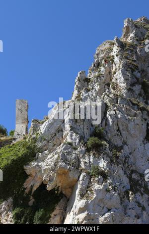 Blick auf das normannische Schloss von Caltabellotta, Sizilien, Italien Stockfoto