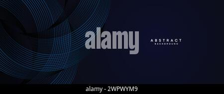 Dunkelmarineblau Abstrakte Waving Kreise Linien Technologie Hintergrund. Moderner blauer Farbverlauf mit leuchtenden Linien, geometrischer Form, diagonaler Webheader Stock Vektor