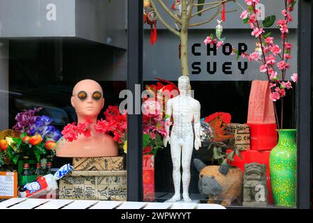 Schaufensterausstellung im Chop Suey Club, 81 Hester St, New York, einem NYC Geschenkeladen und Boutique für zeitgenössische chinesische Kultur und Design. Stockfoto