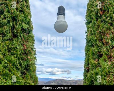 Verzauberter Garten. Glühbirne inmitten grüner Aussichten. In der Luft schweben. Stockfoto