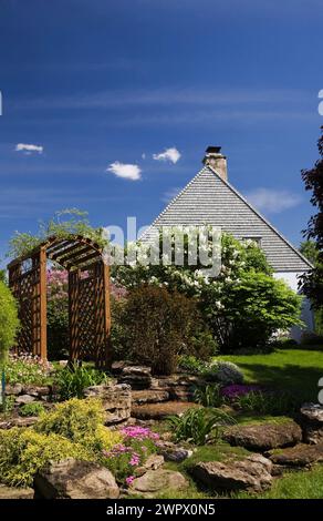 Holzlaube mit einem Physocarpus opulifolius 'Sommerwein' - Ninebark, Syringa vulgaris 'Madame Lemoine' - Fliedersträucher einschließlich Chamaecyparis. Stockfoto