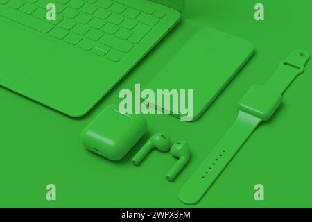 Computer-Tablet aus Aluminium mit Eingabestift, Smart Watch, Telefon und Kopfhörern auf monochromem Hintergrund. 3D-Renderkonzept der kreativen Designerausrüstung und Stockfoto
